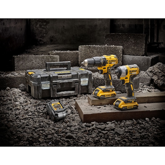 Kit including DCD778 Combi Drill, DCF787 Impact Driver, DCB1102 charger 2x 2.0Ah batteries and TSTAK Kitbox