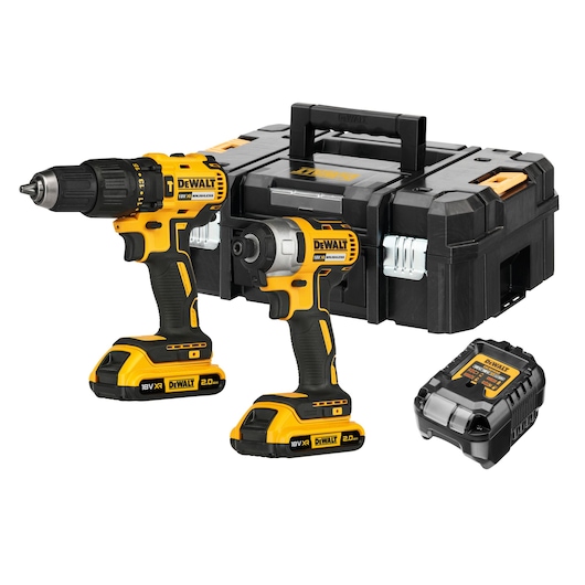 Kit including DCD778 Combi Drill, DCF787 Impact Driver, DCB1102 charger 2x 2.0Ah batteries and TSTAK Kitbox