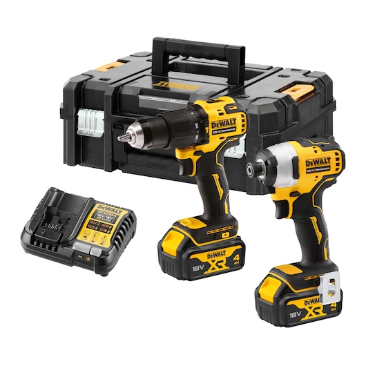 Kit including DCD709 Combi Drill, DCF809 Impact Driver, 2x 18V XR 4Ah batteries, DCB112 charger and TSTAK box