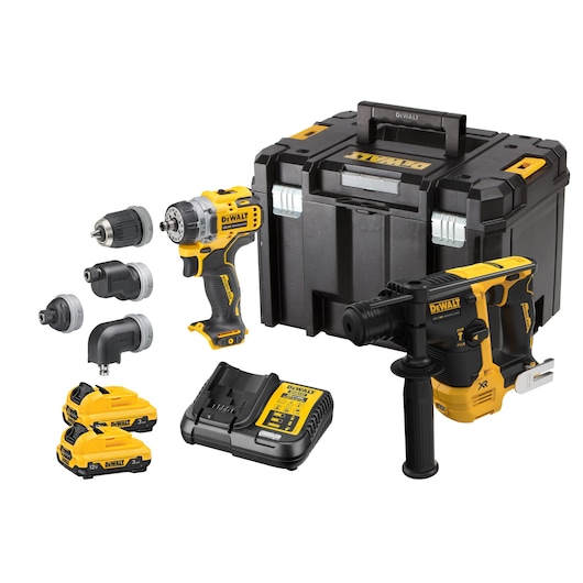 12V XR Brushless Kit with multi-head drill driver, SDS-PLUS hammer drill, 2x 3Ah batteries, charger and tstak tool box