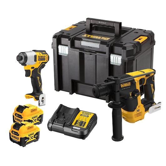 12V XR Brushless Kit with sub-compact impact driver, SDS-PLUS hammer drill, 2x 3Ah batteries, charger and tstak tool box