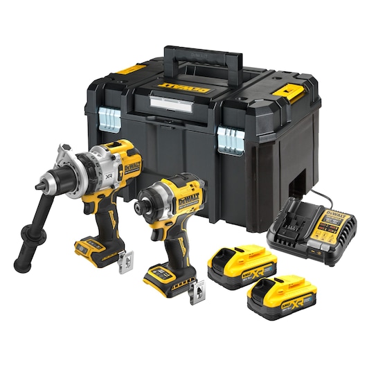 Kit including DCD1007 Premium Hammer Drill Driver, DCF860 Premium Impact Driver, x2 DCBP518 Powerstack battery, DCB1104 charger and mid-tstak