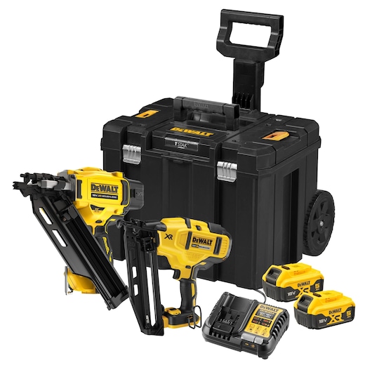 Kit comprising of 18V XR Brushless Framing Nailer (DCN930), Angled Finish Nailer (DCN660), 2x 5Ah batteries (DCB184), charger (DCB1104) and TSTAK II.