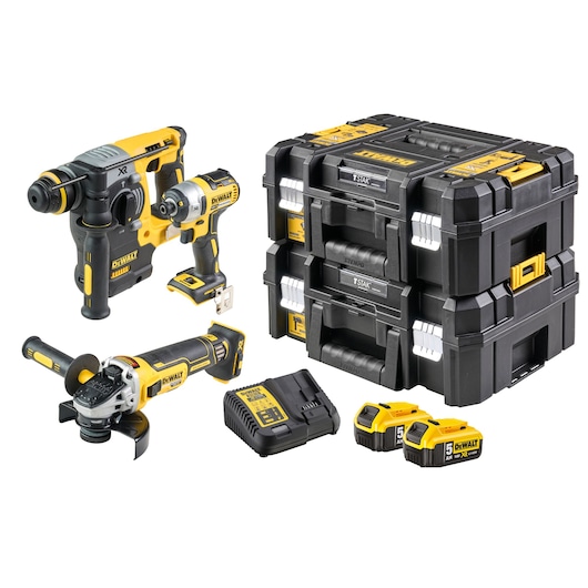 x2 Tstak kit cases with DCH273 hammer drill, DCF887 impact driver, DCG405 angle grinder,  DCB115 charger and x3 5AH batteries