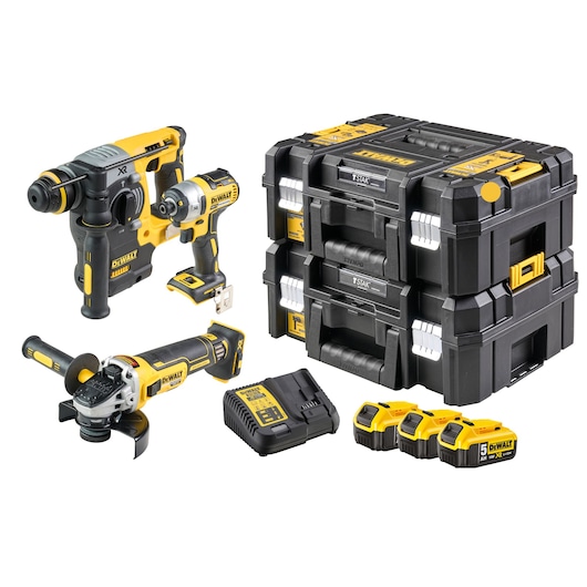 x2 Tstak kit cases with DCH273 hammer drill, DCF887 impact driver, DCG405 angle grinder,  DCB115 charger and x2 5AH batteries