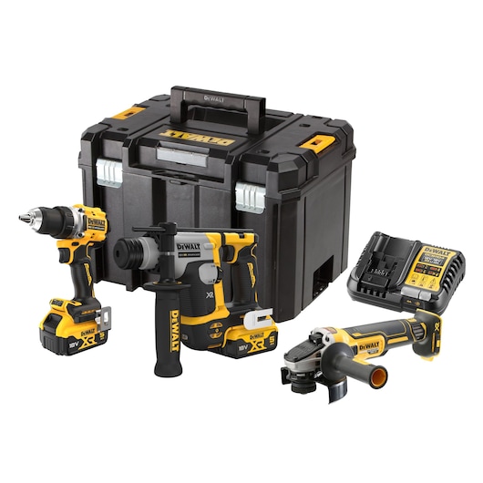Kit including 1 x DCG405 angle grinder, 1 x DCD800 brushless drill/driver, 1 x SDS PLUS DCH172 drill, 2 x 5.0 Ah batteries, 1 x DCB1104 charger, and 1 x TSTAK case