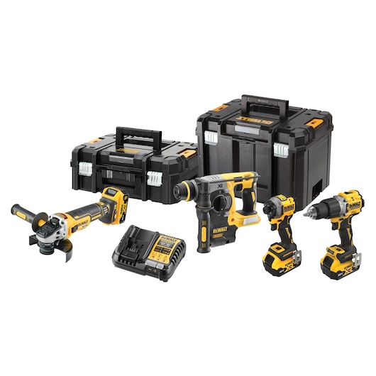 Kit including DCD805 Hammer Drill Driver , DCF850 Impact Drill, DCH273 SDS Plus, DCG405 125mm Angle Grinder , DCB184 x3 5Ah Batteries, DCB1104 Multi-Voltage Charger, TSTAK II and TSTAK VI