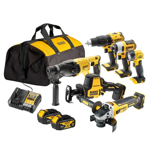 Cordless Kit including DCD778 Brushless Compact Drill Driver, DCF787 Impact Driver, DCG405 125mm Angle Grinder, DCH033 SDS-Plus Hammer Drill (22mm), DCS369 Compact Reciprocating Saw, DCL040 LED Work Light, DCB182 x2 4Ah batteries, DCB1104 Multi-Voltage Charger and Soft Bag 