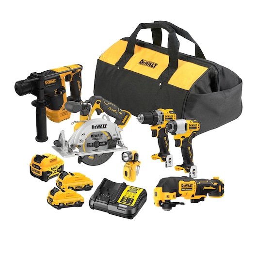 12V XR Brushless Kit with cordless drill driver, oscillating multi tool, circular saw, sub-compact impact driver, sub-compact hammer drill work light, 5Ah battery, 2x 2Ah batteries, charger and bag