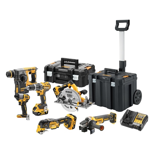 Kit including DCD796 Hammer Drill Driver, DCF840 Impact Driver, DCS356 Multi Tool, DCS572 Circular Saw with Track Base, DCH273 SDS+ Rotary Hammer Drill, DCG405 125mm Angle Grinder, DCB184 x3 5Ah Batteries, DCB1104 Multi-Voltage Charger, TSTAK Mobile and TSTAK II
