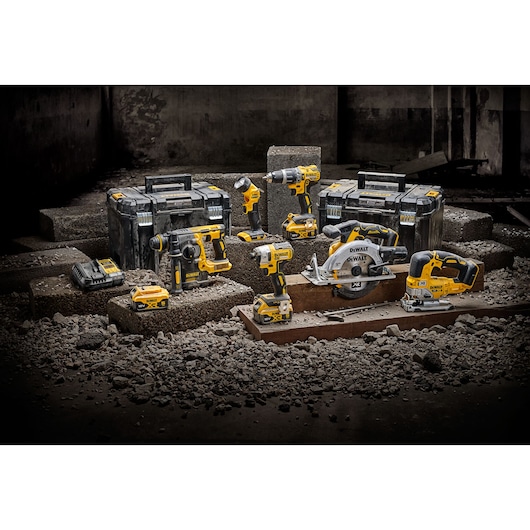 Kit including DCD796 18V XR Combi Drill, DCH273 SDS Plus Drill, DCF887 Impact Driver, DCS565 Circular Saw, DCS334 Jigsaw, DCL040 LED Work Light, charger, 3x 5.0 AH 18V XR Batteries and 2x TSTAK Kit boxes