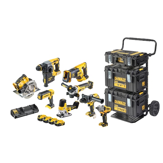 DCD996 Hammer Drill Driver, DCF891 ½” Impact Wrench, DCS367 Reciprocating Saw, DCG405 125mm Angle Grinder, DCS335 Body Grip Jigsaw, DCH273 SDS Plus, DCS570 184mm Circular Saw, DCL050 LED Work Light, DCB184 X4 5Ah Batteries, DCB132 Dual Port Charger and x1 Tough System DS150 box and x2 Tough System DS300 boxes stacked on Tough System Trolley
