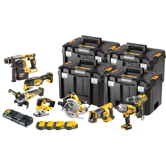 DCD996 Hammer Drill Driver, DCF891 ½” Impact Wrench, DCS367 Reciprocating Saw, DCG405 125mm Angle Grinder, DCS335 Body Grip Jigsaw, DCH273 SDS Plus, DCS570 184mm Circular Saw, DCL050 LED Work Light, DCB184 X4 5Ah Batteries, DCB132 Dual Port Charger and x1 Tough System DS150 box and x2 Tough System DS300 boxes stacked on Tough System Trolley