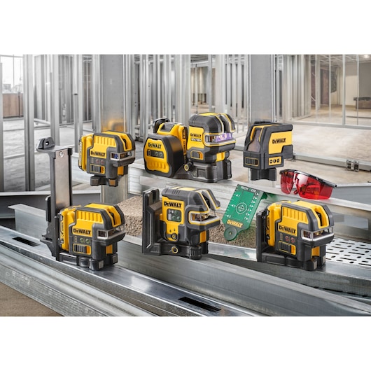 The Range of DEWALT USB Lasers featuring DCLE14201RB, DCLE14201GB, DCLE14251GB and DCLE14301GB.