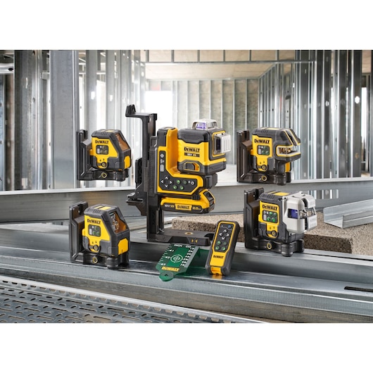 The Range of DEWALT NPI Lasers for 2025 featuring DCLE14201RB, DCLE14201GB, DCLE14251GB, DCLE34035B and DCLE14301GB.