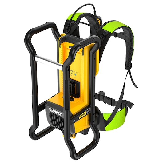 Angled view of Powershift Backpack Concrete Vibrator with green harness