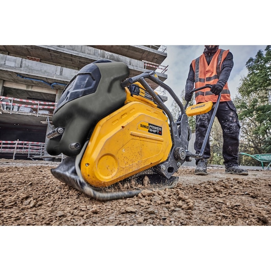 Close view of Powershift Plate Compactor in action on a construction site