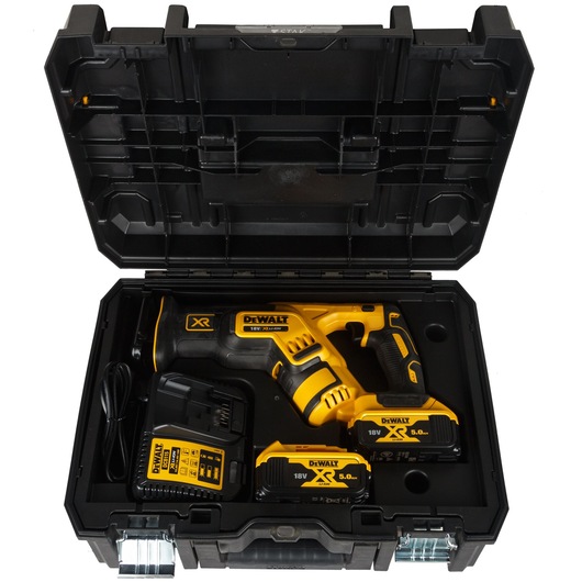 Open Tstak box featuring 18V XR Brushless Reciprocating Saw, x2 5.0AH batteries and DCB1104 charger
