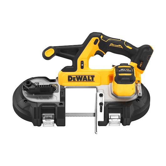 DEWALT 18V MAX XR Mid-Size Bandsaw viewed straight on showing the front of the tool