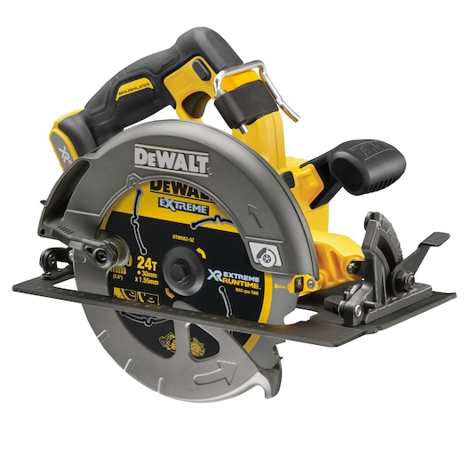 3/4 view of 54V XR FLEXVOLT Circular Saw (bare unit) with XR Extreme Runtime blade DT99562