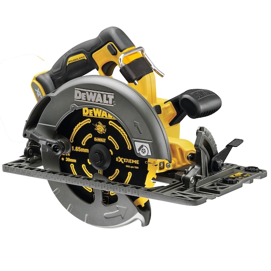 3/4 view of 54V XR FLEXVOLT Rail Compatible Circular Saw (bare unit) with XR Extreme Runtime blade DT99562