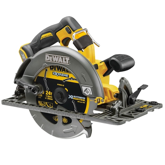 3/4 view of 54V XR FLEXVOLT Rail Compatible Circular Saw with XR Extreme Runtime blade DT99562