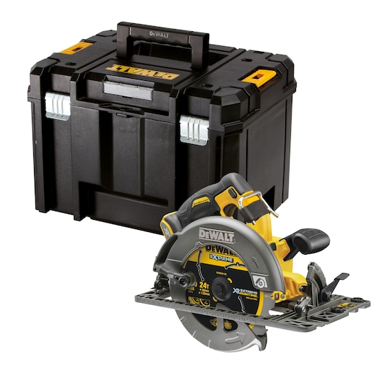 3/4 view of 54V XR FLEXVOLT Rail Compatible Circular Saw (bare unit) with XR Extreme Runtime blade DT99562 and Tstak box