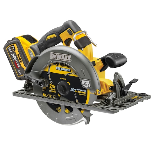 3/4 view of 54V XR FLEXVOLT Rail Compatible Circular Saw with XR Extreme Runtime blade DT99562 and 6AH Flexvolt battery