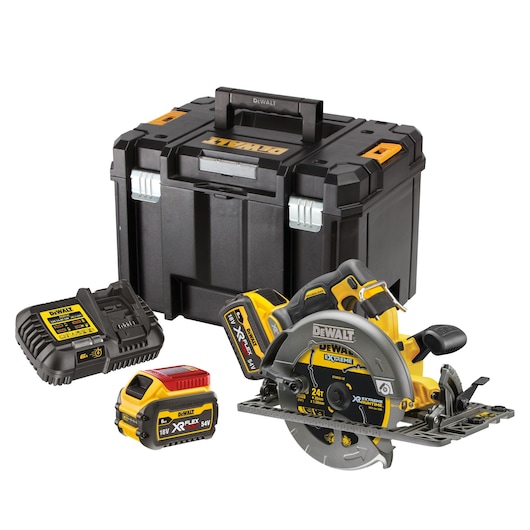 54V XR FLEXVOLT Rail Compatible Circular Saw with XR Extreme Runtime blade DT99562 6AH Flexvolt battery, DCB118 charger, 6AH Flexvolt battery and Tstak box