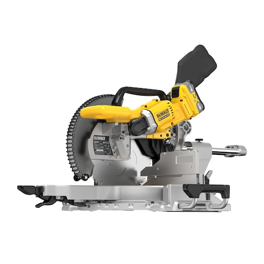 DEWALT 18V XR 305mm Slide Mitre Saw with 18v 8Ah battery ¾ view
