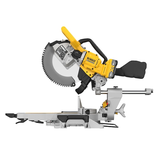 DEWALT 18V XR 305mm Slide Mitre Saw with 18v 8Ah battery view from side