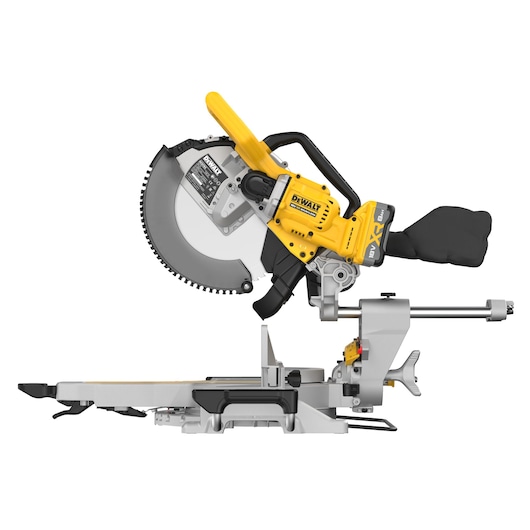DEWALT 18V XR 305mm Slide Mitre Saw with 18v 8Ah battery side view 