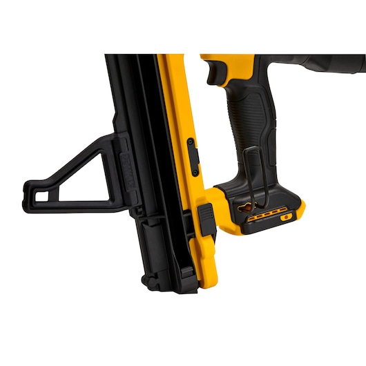 18V XR Trak-It C6 Gas Concrete Nailer close up of utility hook and magazine support leg