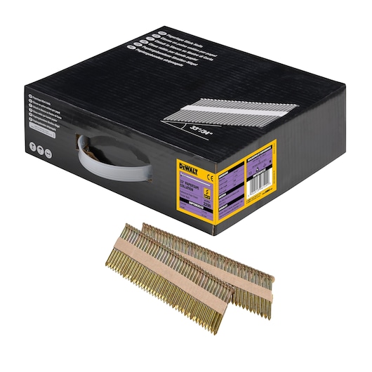 3/4 view box of 63mm papertape galvanised plain shank framing nails with x2 strips of nails in foreground