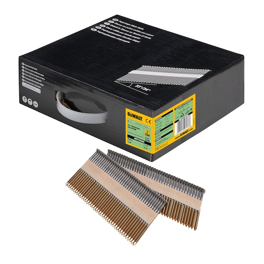 3/4 view box of 90mm papertape bright ring shank framing nails with x2 strips of nails in foreground