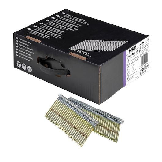 3/4 view box of 63mm wireweld galvanised ring shank framing nails with x2 strips of nails in foreground