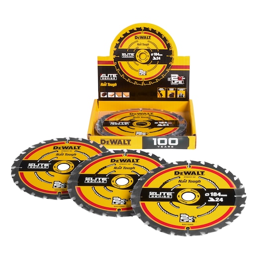 Elite circular saw blades DT10304 sit inside and in front of a display tray