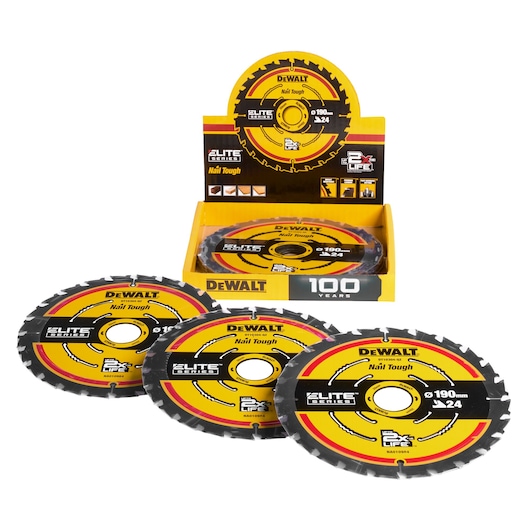 Elite circular saw blades DT10304 sit inside and in front of a display tray