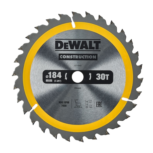 184mm x 16mm 30T Construction Circular Saw Blade