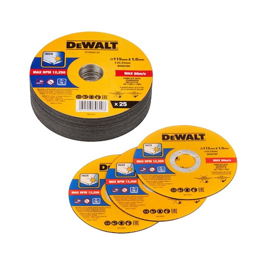 Pack of 25 bonded abrasive cutting discs with three discs in the foreground
