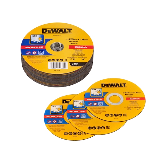 Pack of 25 bonded abrasive cutting discs with three discs in the foreground