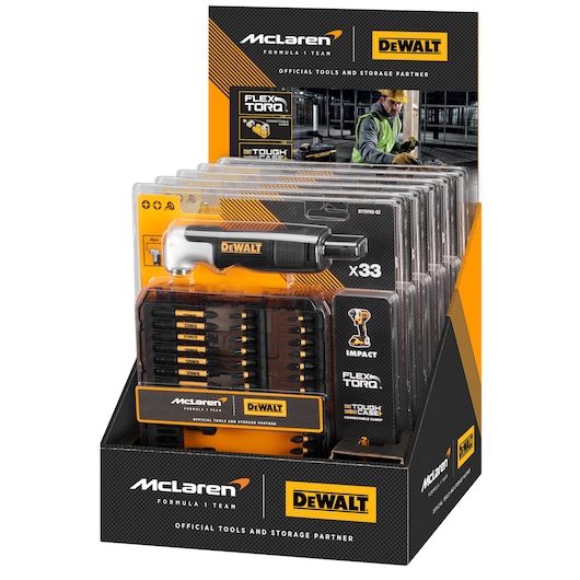 Merchandiser containing McLaren/Dewalt limited edition packs of DT70782 x33 piece Flextorq sets