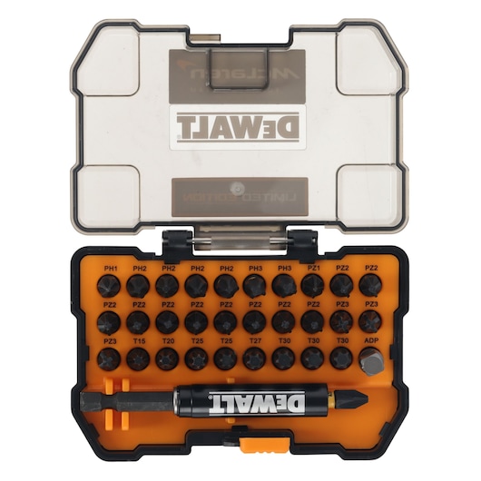 Limited Edition DEWALT/McLaren screwdriver bit set with case lid open