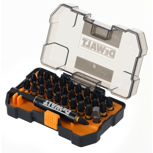Limited Edition DEWALT/McLaren screwdriver bit set in case, angled view
