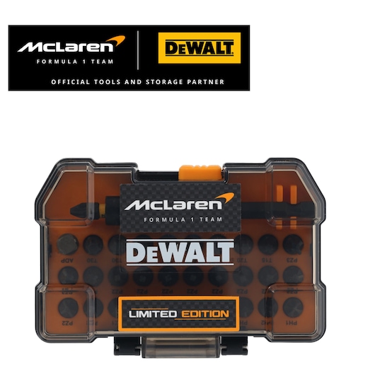 Limited Edition DEWALT/McLaren screwdriver bit set in case. DEWALT/McLaren logos appear top left