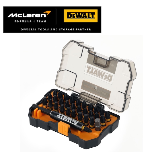 Limited Edition DEWALT/McLaren screwdriver bit set with case lid open. DEWALT/McLaren logos appear top left