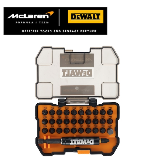 Limited Edition DEWALT/McLaren screwdriver bit set in case, angled view. DEWALT/McLaren logos appear top left