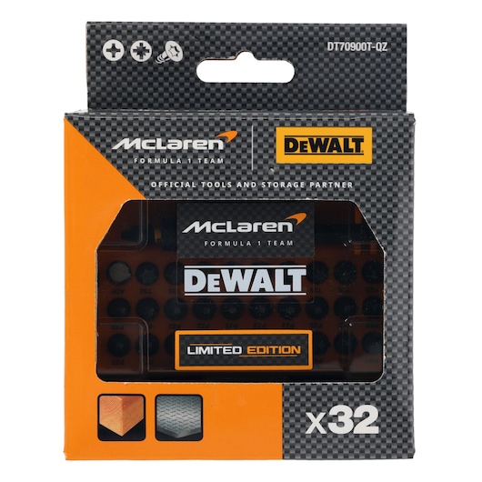 Limited Edition DEWALT/McLaren screwdriver bit set in case in pack