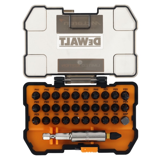 Limited Edition DEWALT/McLaren screwdriver bit set with case lid open