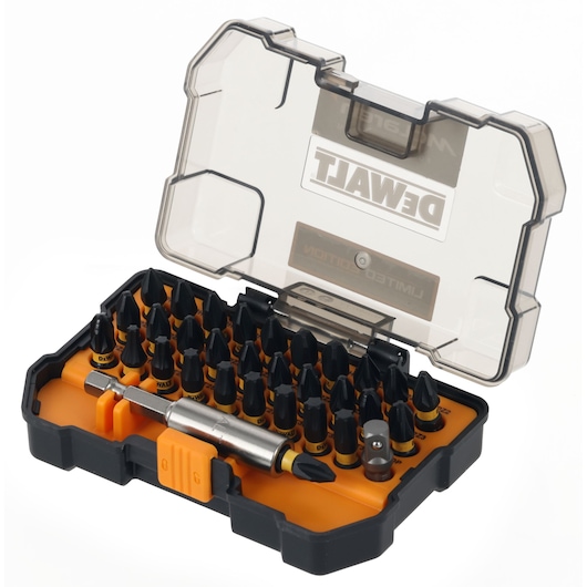 Limited Edition DEWALT/McLaren screwdriver bit set in case, angled view